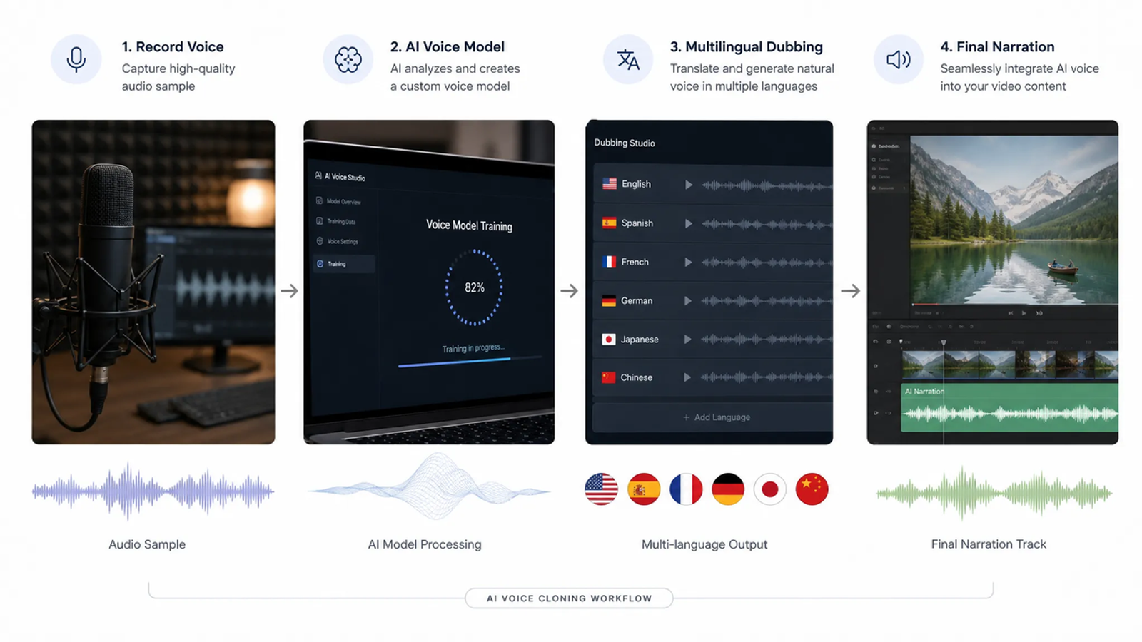 AI voice cloning vs AI soundtrack workflow showing voice recording, model training, and multilingual dubbing.