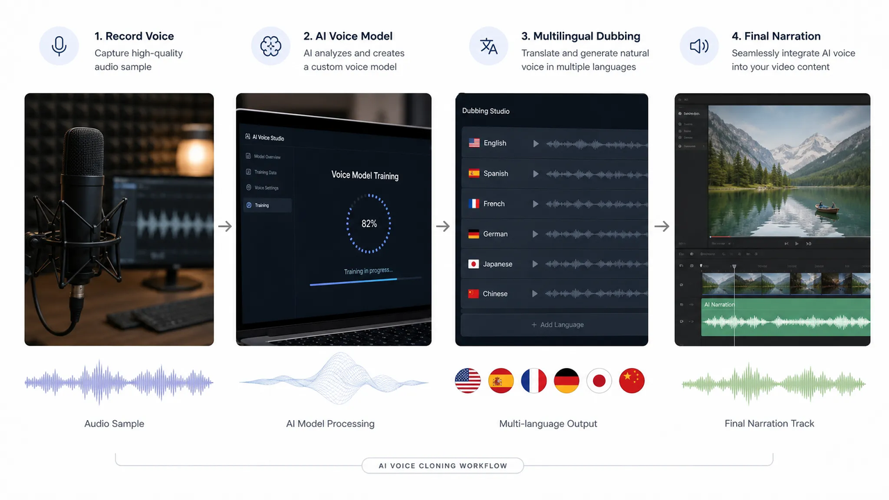AI voice cloning vs AI soundtrack workflow showing voice recording, model training, and multilingual dubbing.