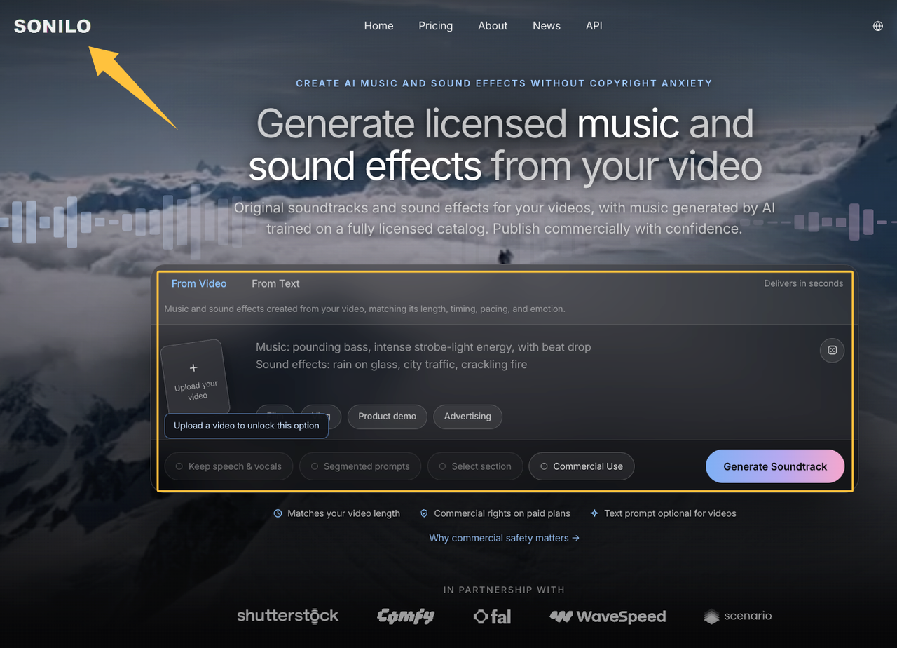 Sonilo.ai homepage showcasing an AI alternative for generating video soundtracks from video input.