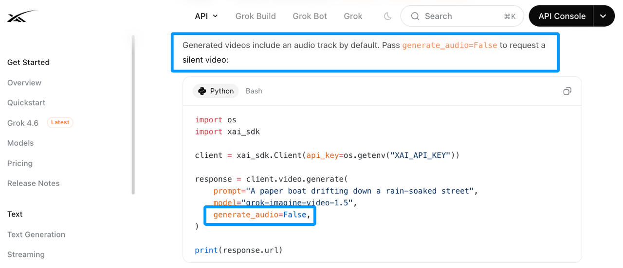Python API code to disable default Grok Imagine soundtrack for a silent video.