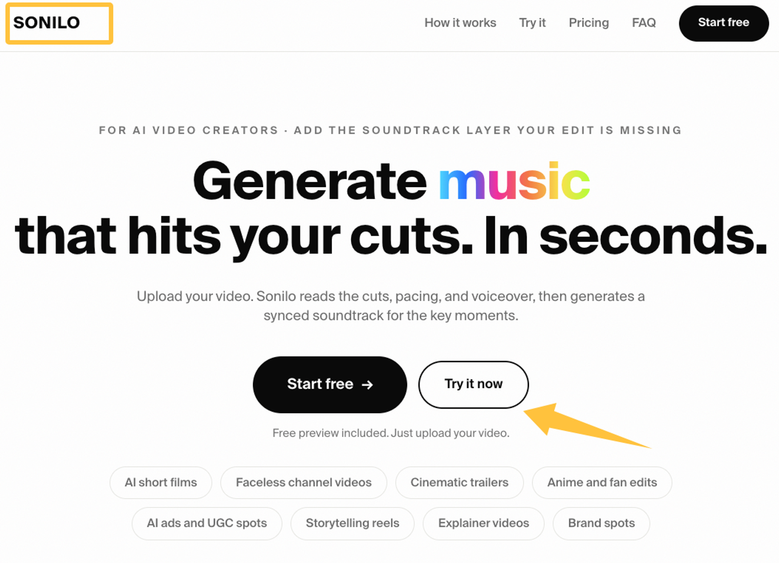 Sonilo homepage showing an AI tool designed to instantly generate perfectly timed music for real estate videos.