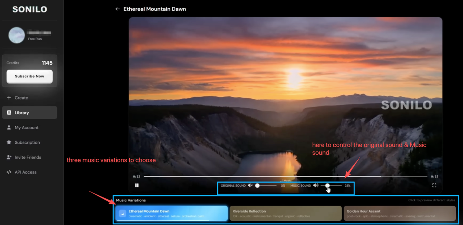 Control original sound and music variations in Sonilo when you add mp3 to mp4 to achieve the perfect video soundtrack mix.