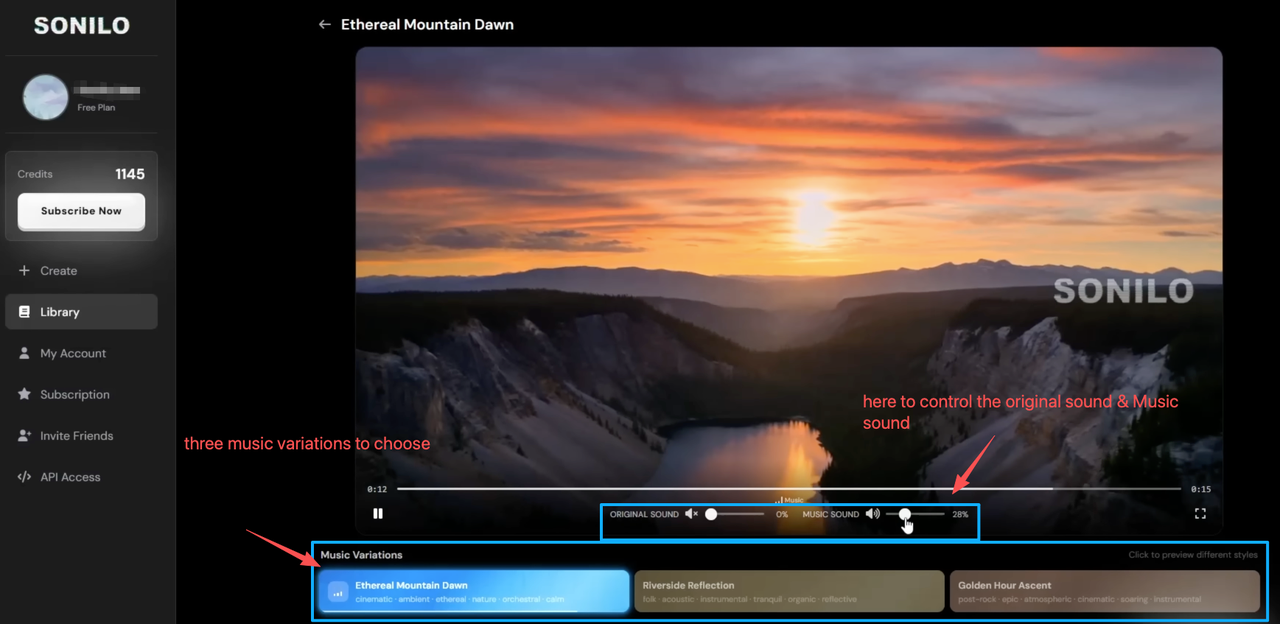 Control original sound and music variations in Sonilo when you add mp3 to mp4 to achieve the perfect video soundtrack mix.