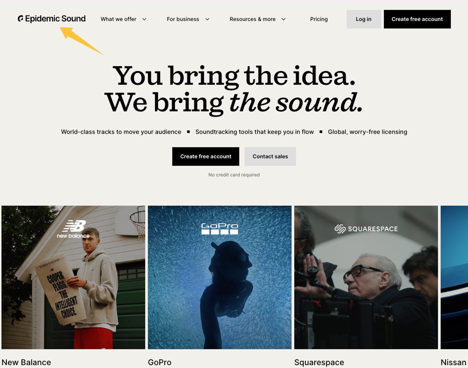 Screenshot of Epidemic Sound homepage with New Balance, GoPro, and Squarespace brand logos.