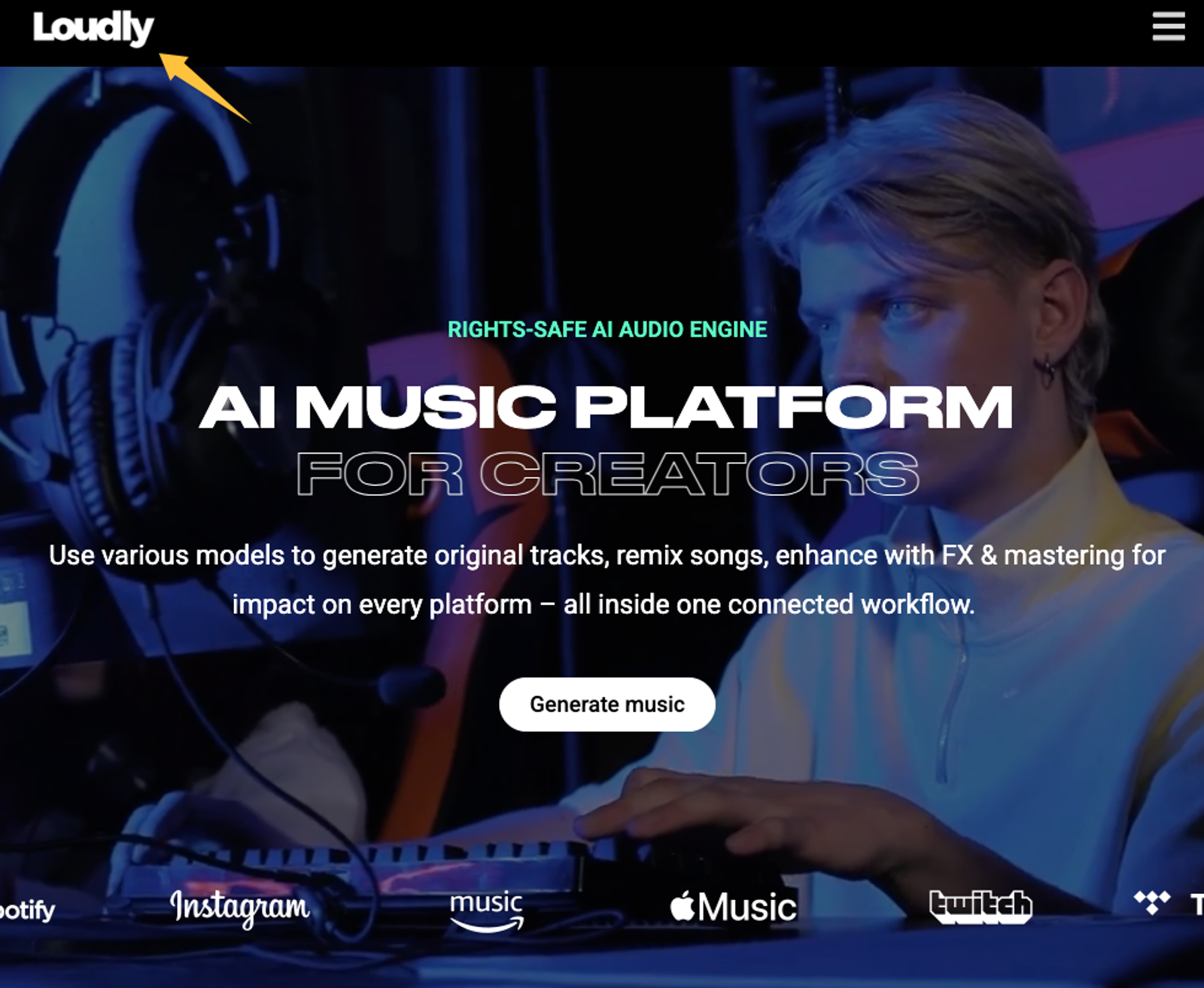 Loudly website interface, one of the best ai music generation tools 2026 for video.