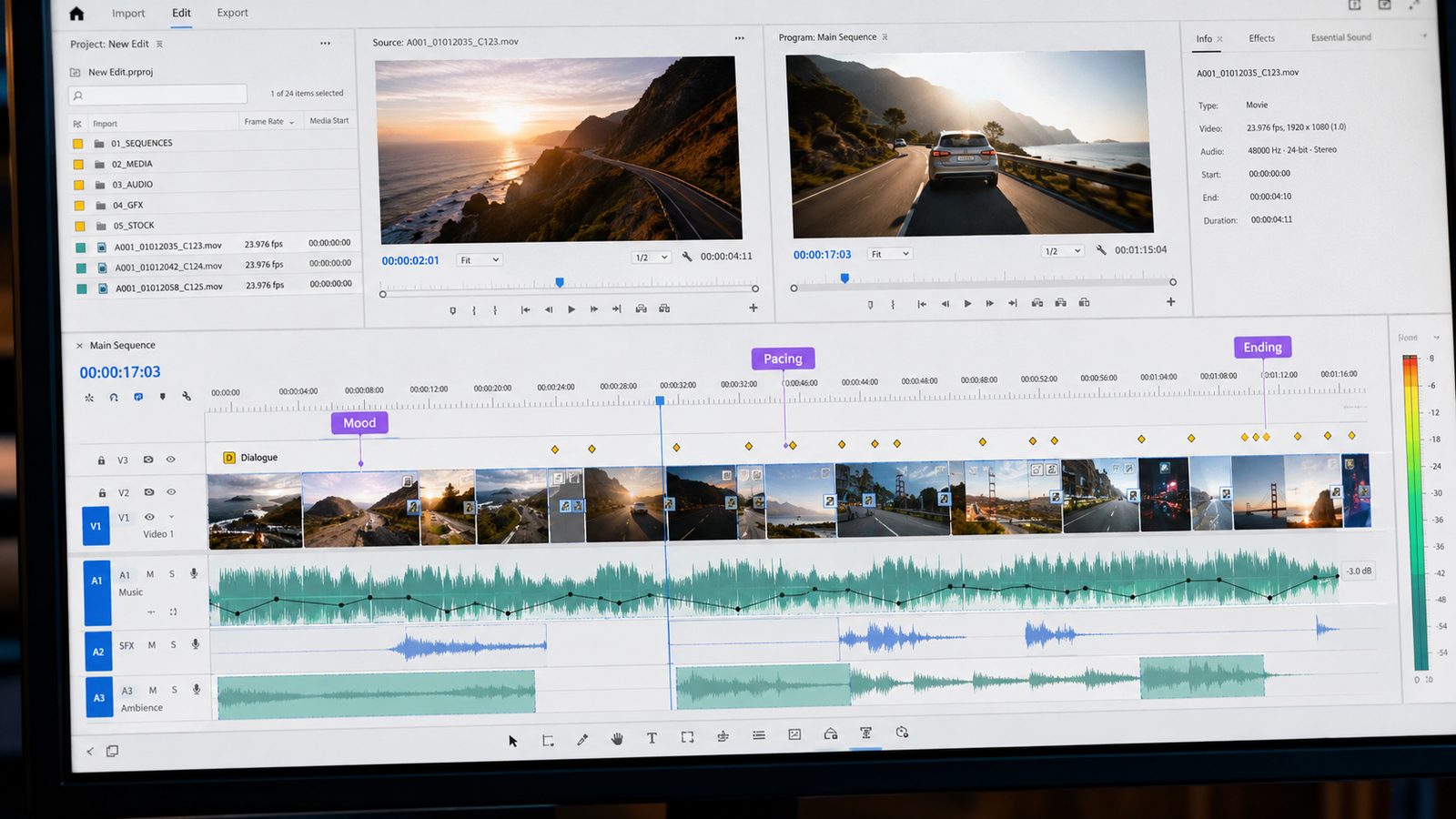 Editing video audio tracks in Premiere Pro to match mood and pacing, perhaps using a random melody generator tool.