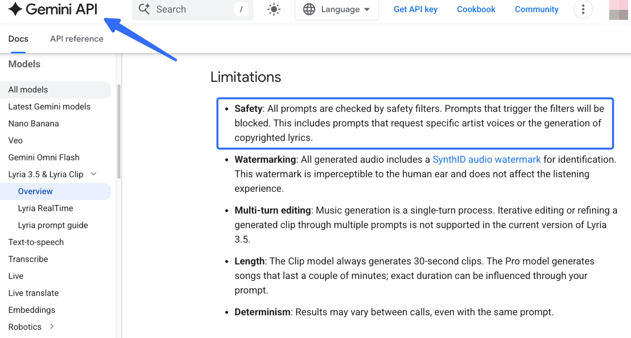 Gemini API docs showing safety rules and limits when letting AI make a similar song.