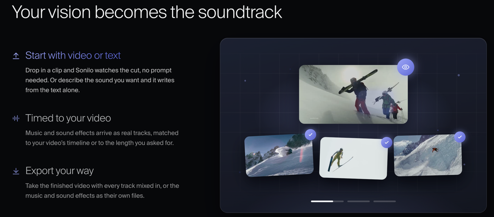  Features page highlighting how to ai add sound perfectly timed to your video timeline and export it.