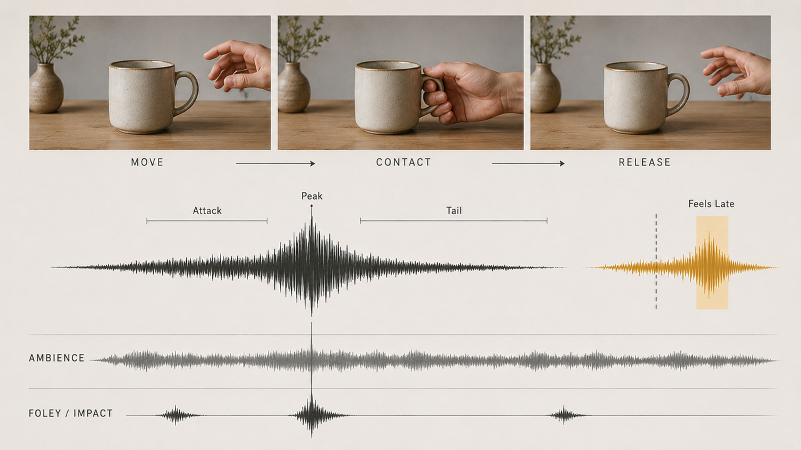 A diagram explaining waveform analysis and timing synchronization for free sound effects for video editing.