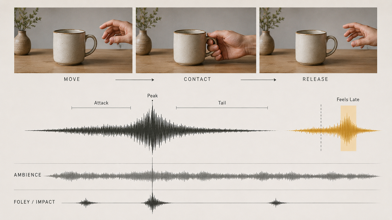 A diagram explaining waveform analysis and timing synchronization for free sound effects for video editing.