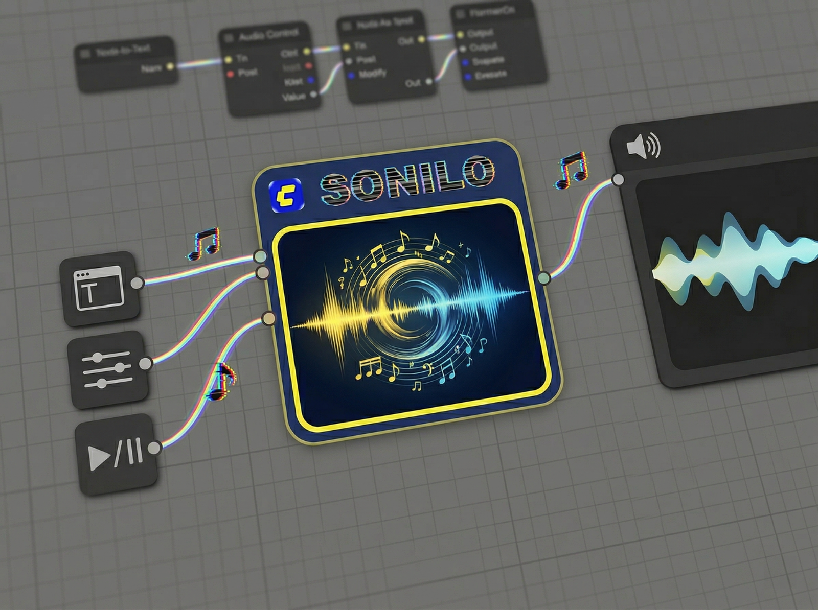 A close-up view of the Sonilo ComfyUI node interface, connecting text inputs to audio waveform outputs for generation.