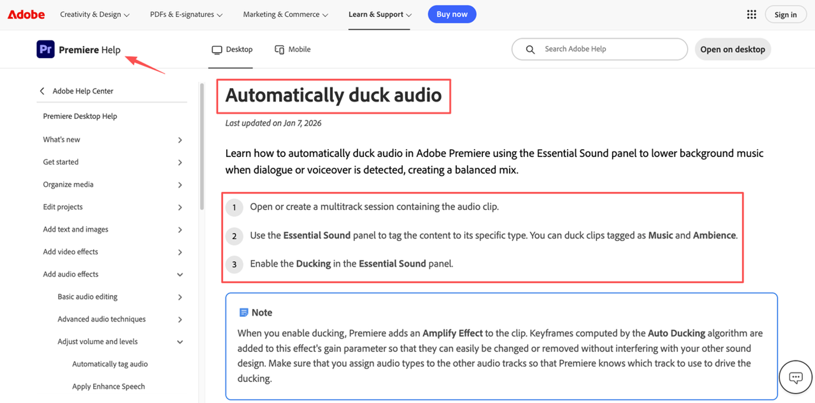 Adobe Premiere Pro guide on how to add music to my video with automatic audio ducking to balance background music and voiceover.