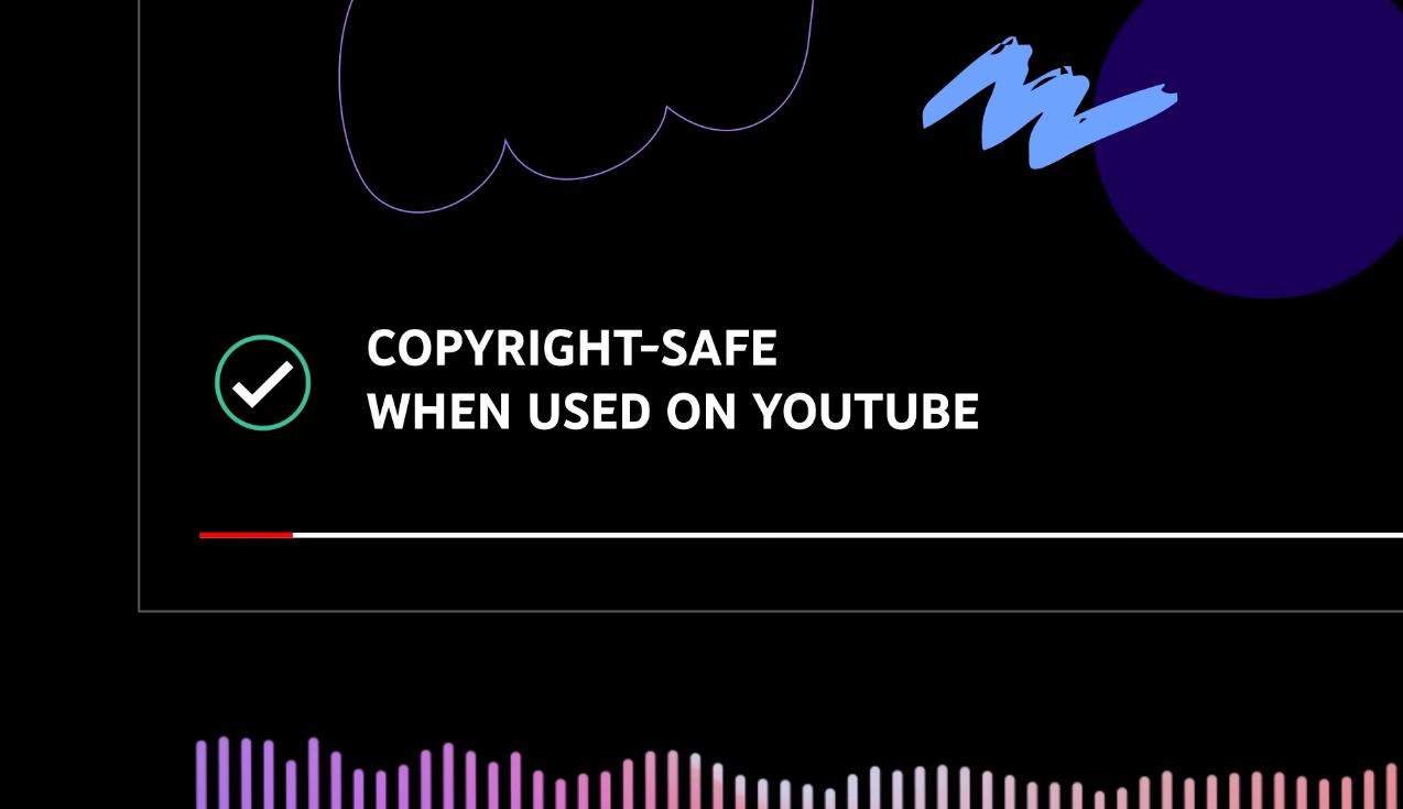 A screenshot highlighting the green checkmark for Copyright-Safe cinematic stock music content on a YouTube video bar.