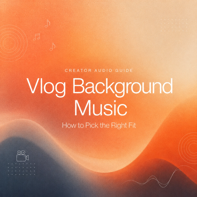Title card for a creator audio guide about vlog background music and adding music to a video perfectly.