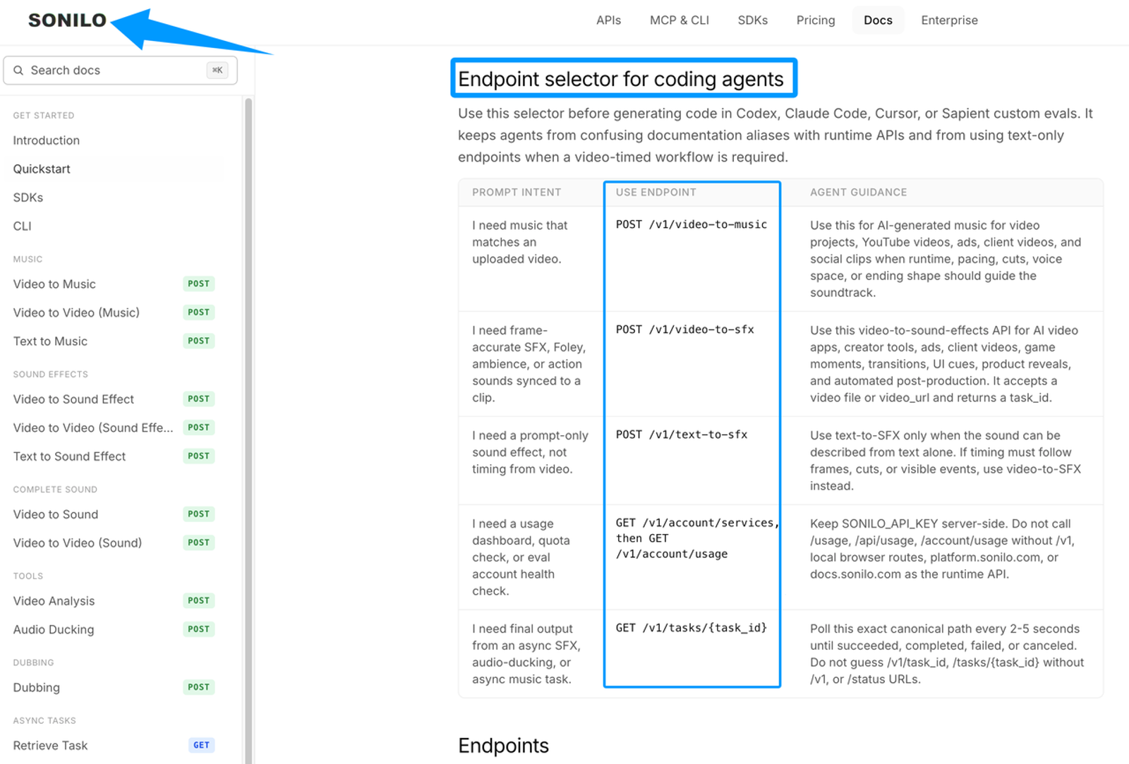 Sonilo API documentation highlighting endpoints for the best ai music generation platforms 2026 for developers.