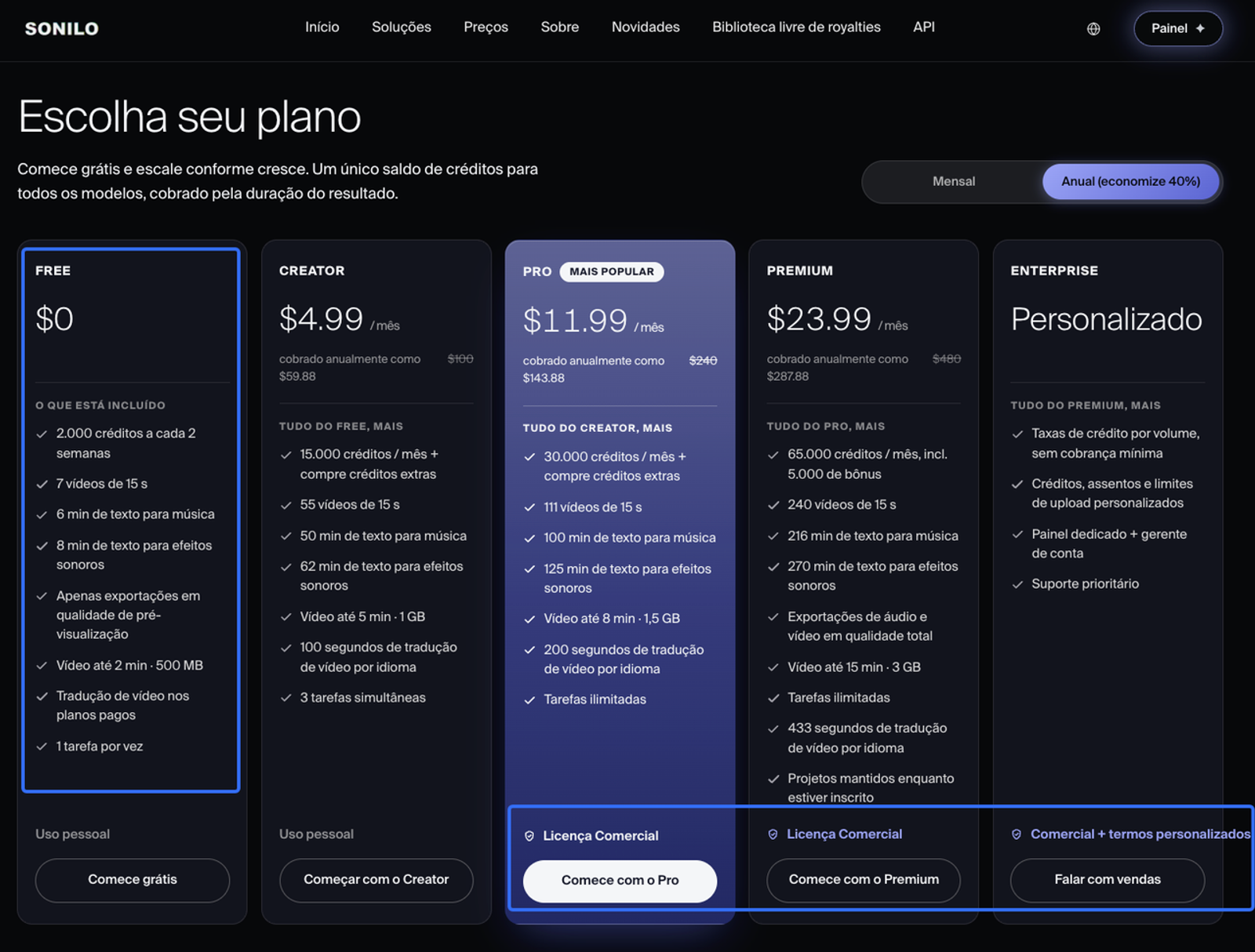 Assinaturas do Sonilo para geradores de música com IA para Instagram Reels com licença.