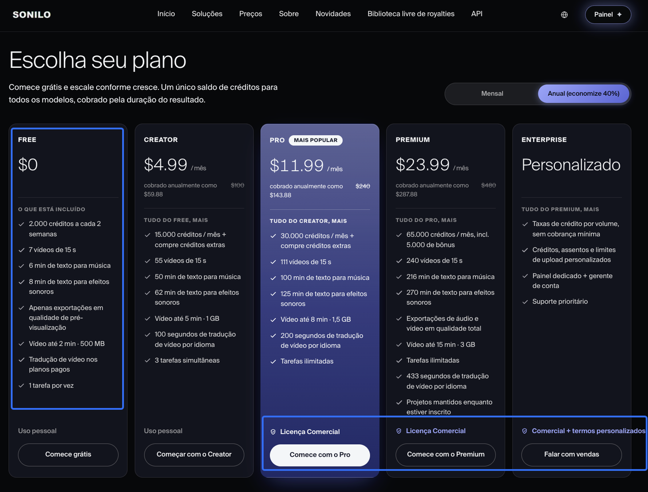 Assinaturas do Sonilo para geradores de música com IA para Instagram Reels com licença.