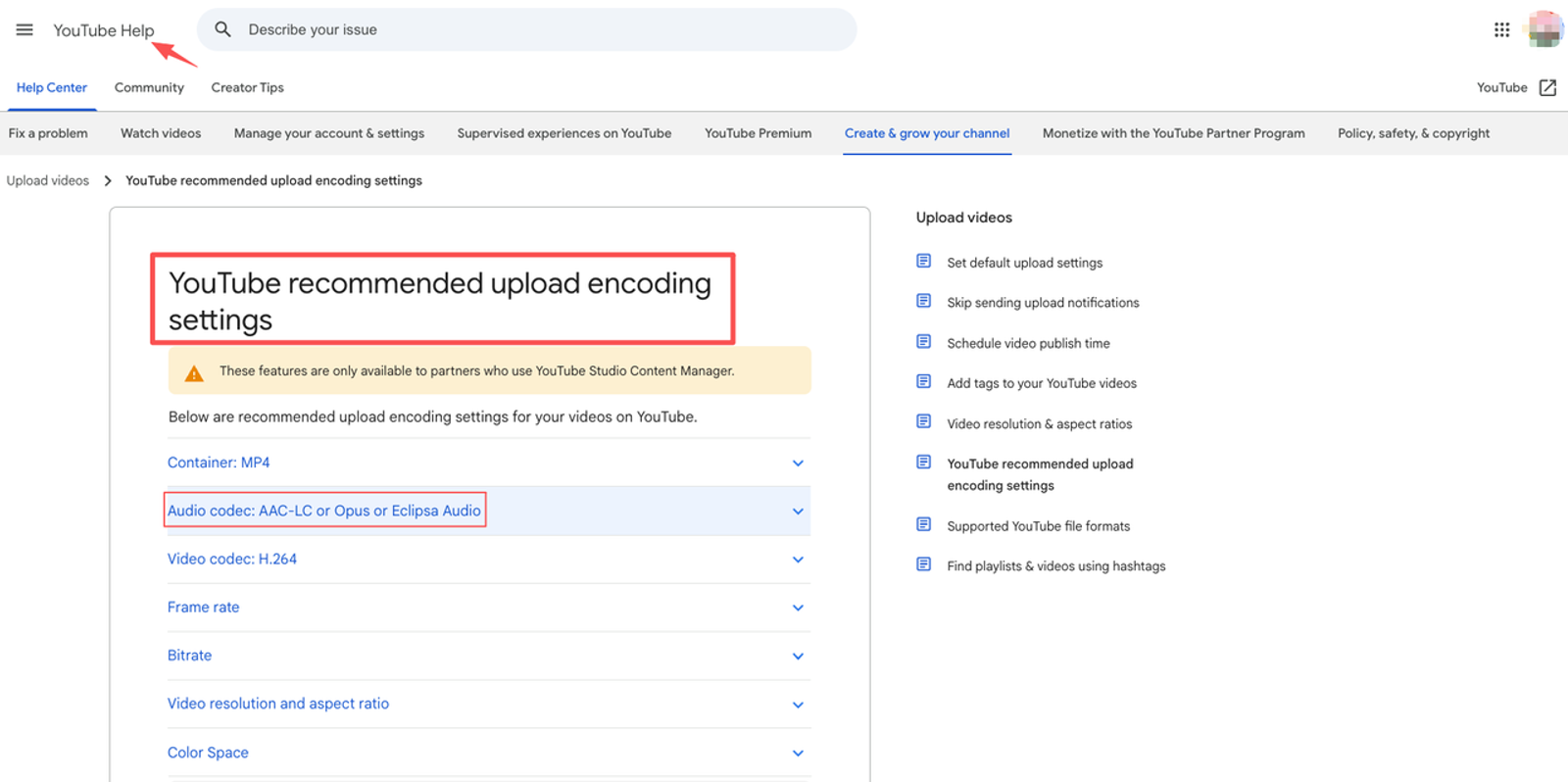 Official YouTube help page showing recommended audio codecs to combine video with audio.