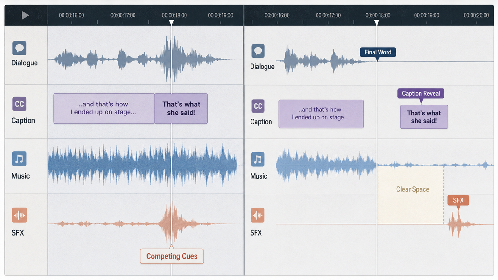 Audio timeline comparing competing cues versus creating clear space to highlight funny sound effects for videos.