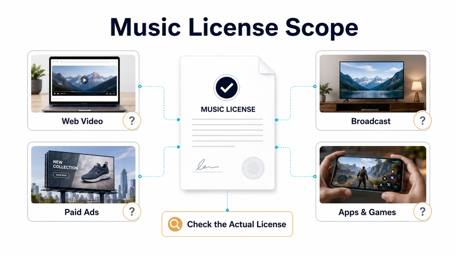 Illustration showing various media usage scopes, including web and broadcast, for cinematic stock music licenses.