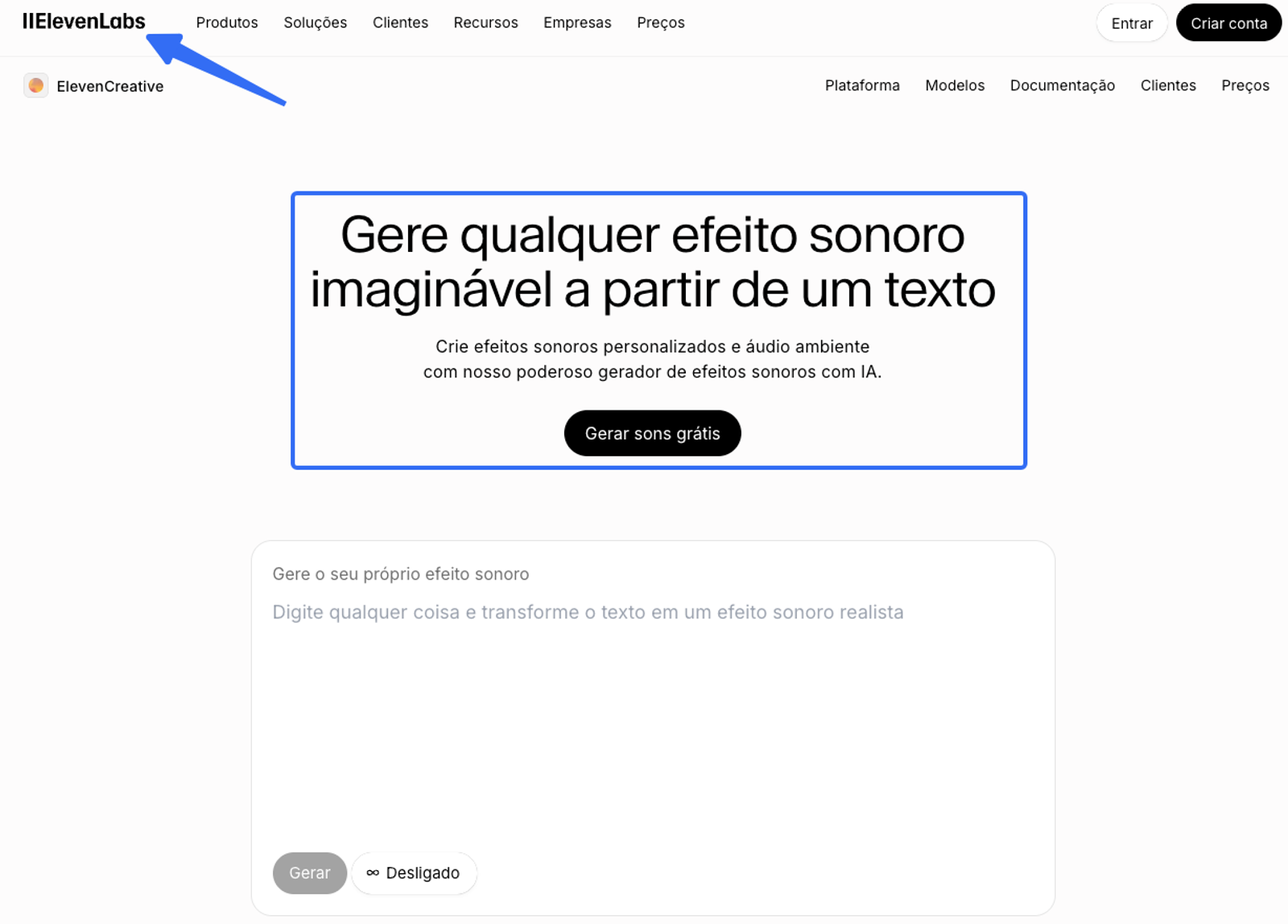 Plataforma ElevenLabs pronta para adicionar efeitos sonoros ao vídeo com IA a partir de texto.