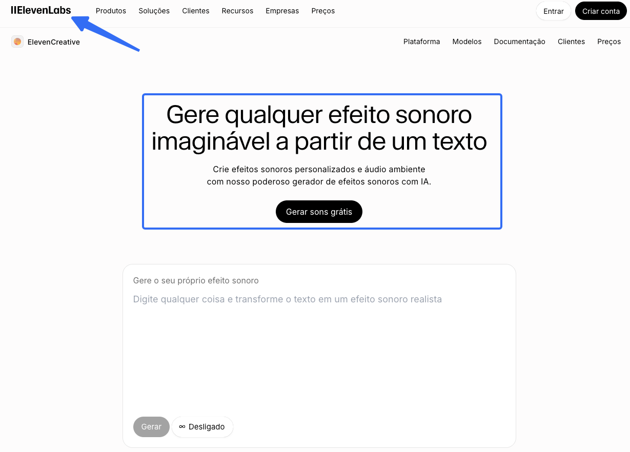 Plataforma ElevenLabs pronta para adicionar efeitos sonoros ao vídeo com IA a partir de texto.