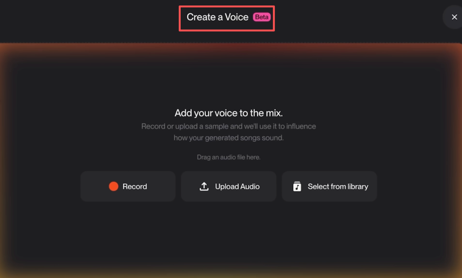 The beta interface to create suno v5.5 voices by recording, uploading audio, or selecting samples to mix your custom sound.