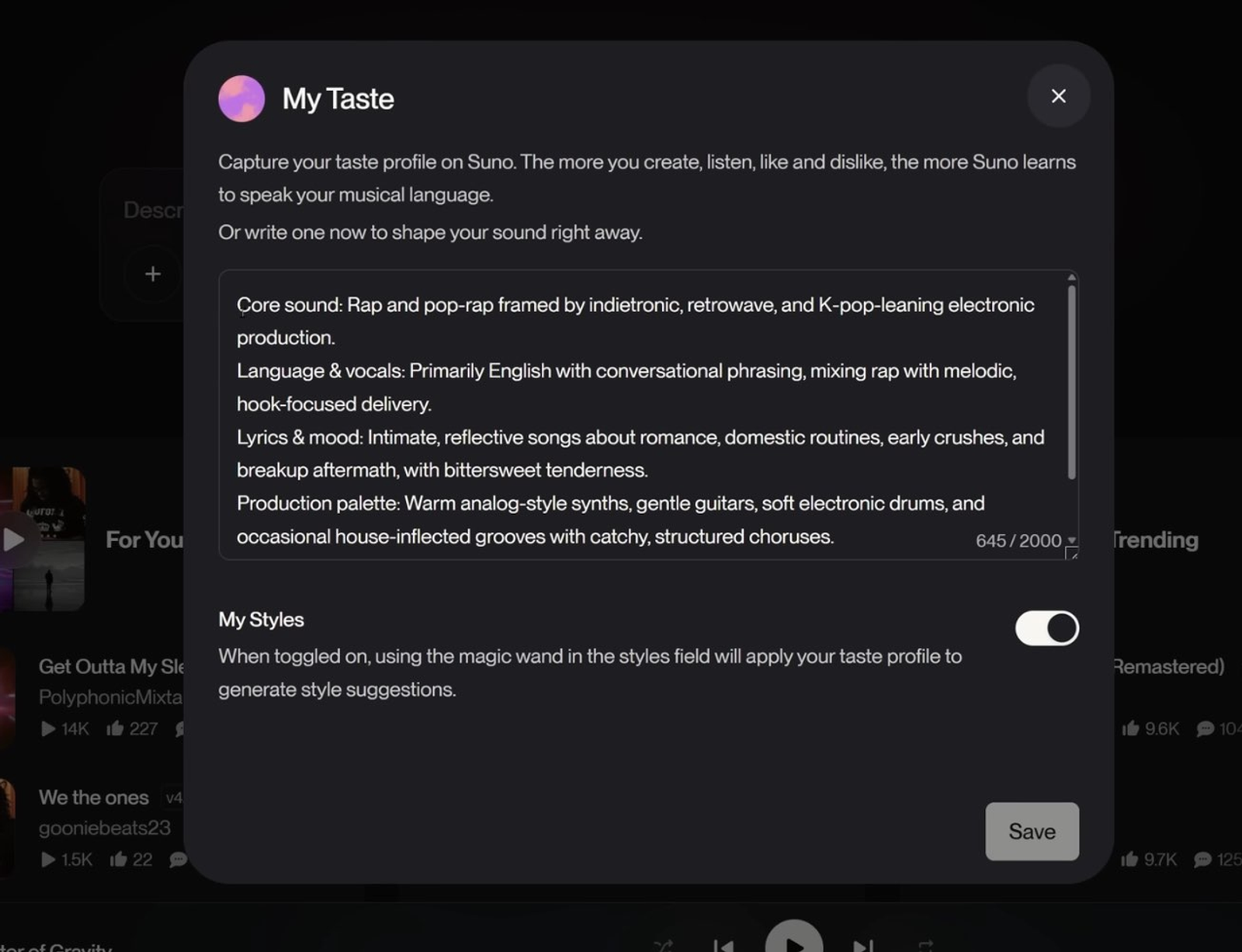 Suno v5.5に搭載された「My Taste」機能の詳細設定画面です。コアとなるサウンド、ボーカルの言語、歌詞の雰囲気、制作パレットなど、Suno v5.5に自分好みの音楽スタイルを詳細に学習させるためのテキストプロンプト入力欄を確認できます