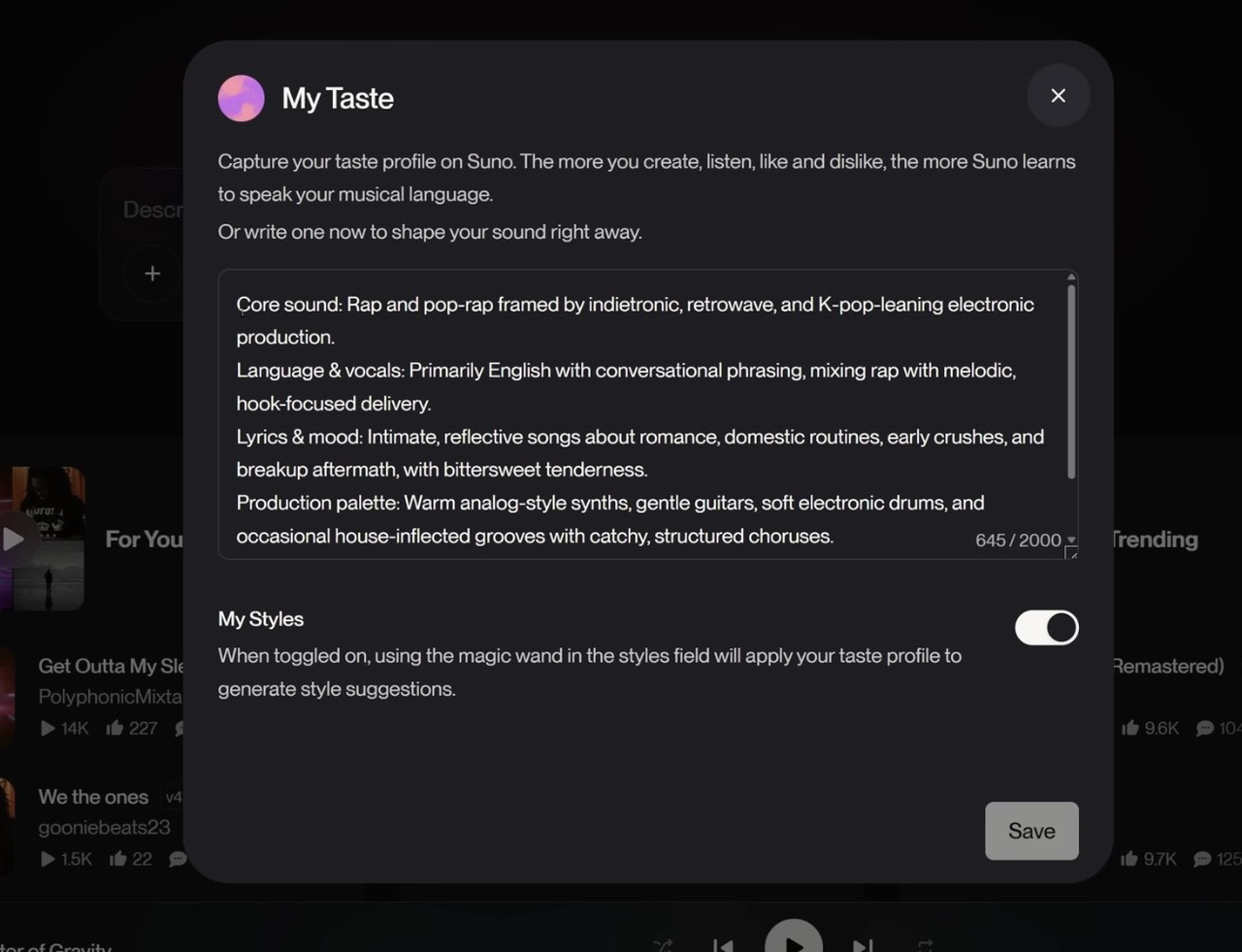Suno v5.5に搭載された「My Taste」機能の詳細設定画面です。コアとなるサウンド、ボーカルの言語、歌詞の雰囲気、制作パレットなど、Suno v5.5に自分好みの音楽スタイルを詳細に学習させるためのテキストプロンプト入力欄を確認できます