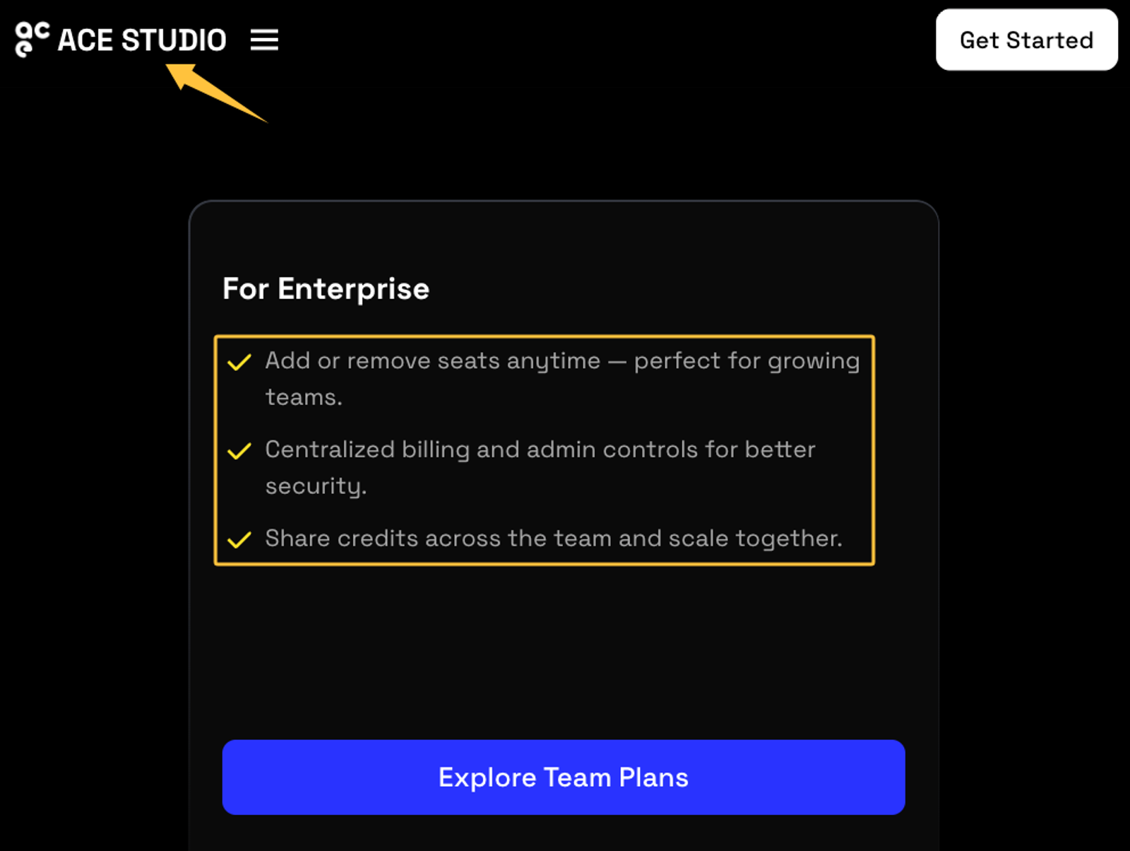ACE Studio enterprise team plan screen, a leader in best ai music generation platforms 2026.