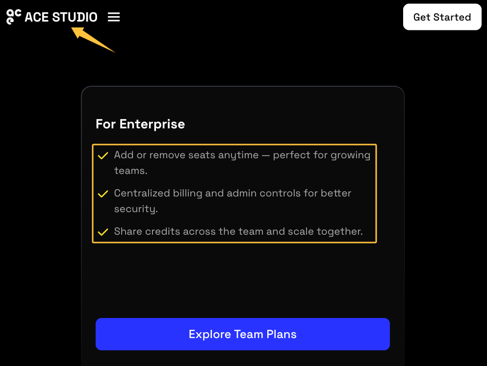 ACE Studio enterprise team plan screen, a leader in best ai music generation platforms 2026.