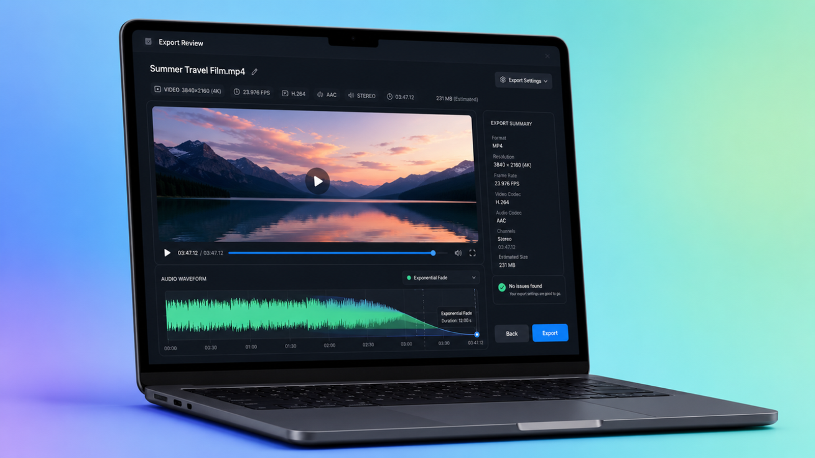 Laptop screen displaying a video export review window titled Summer Travel Film.mp4 with an audio waveform panel showing an Exponential Fade curve.
