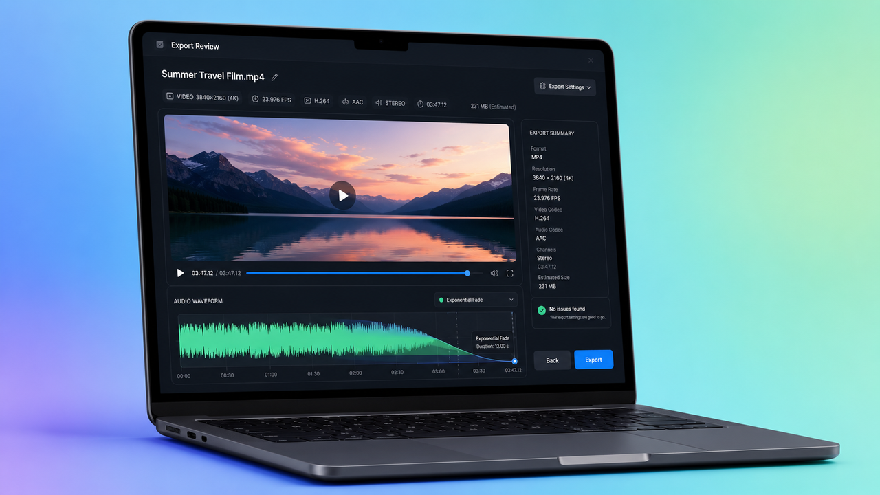 Laptop screen displaying a video export review window titled Summer Travel Film.mp4 with an audio waveform panel showing an Exponential Fade curve.