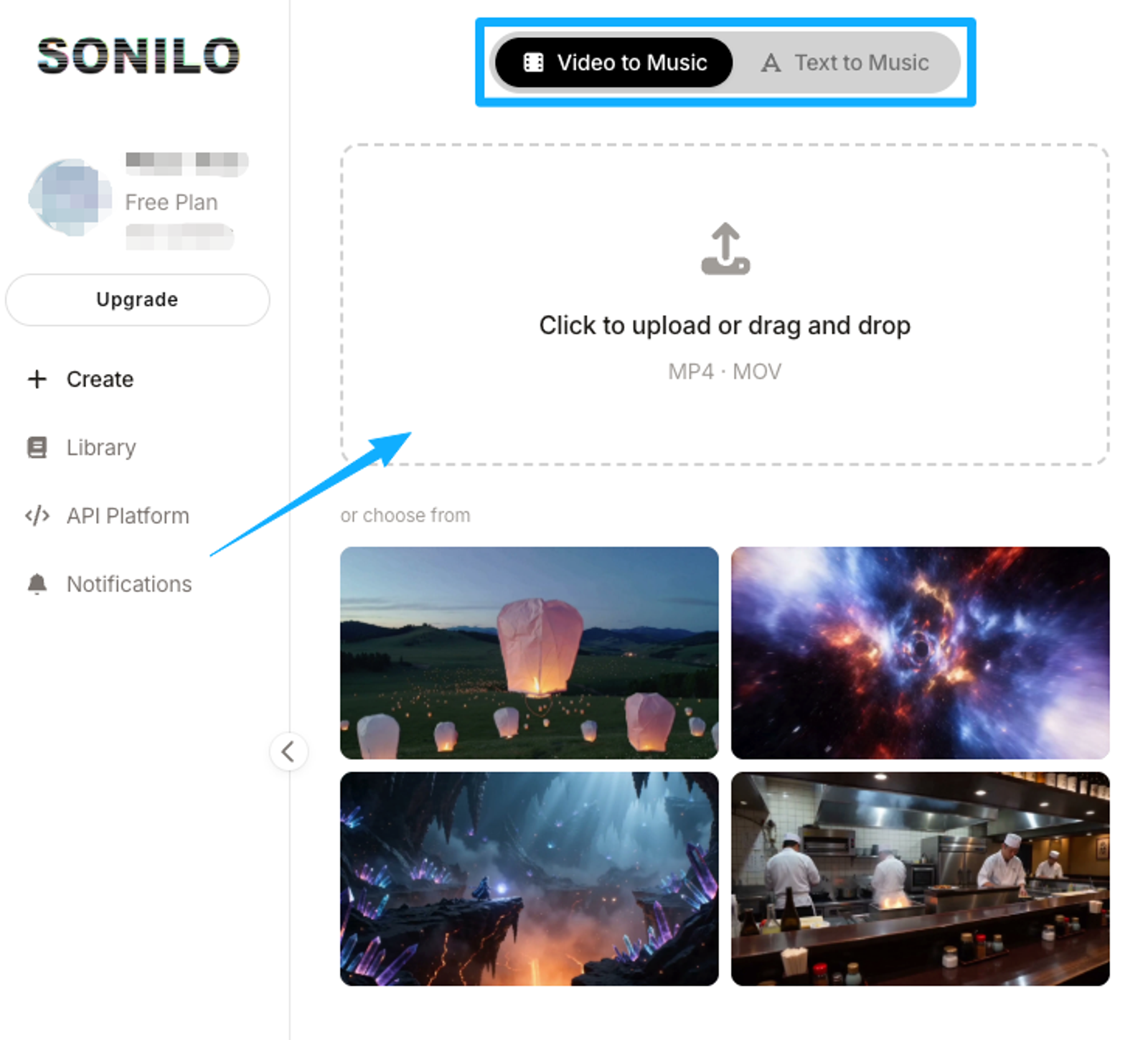 Sonilo AI interface showing the video to music upload screen, an innovative tool for adding music to a video.