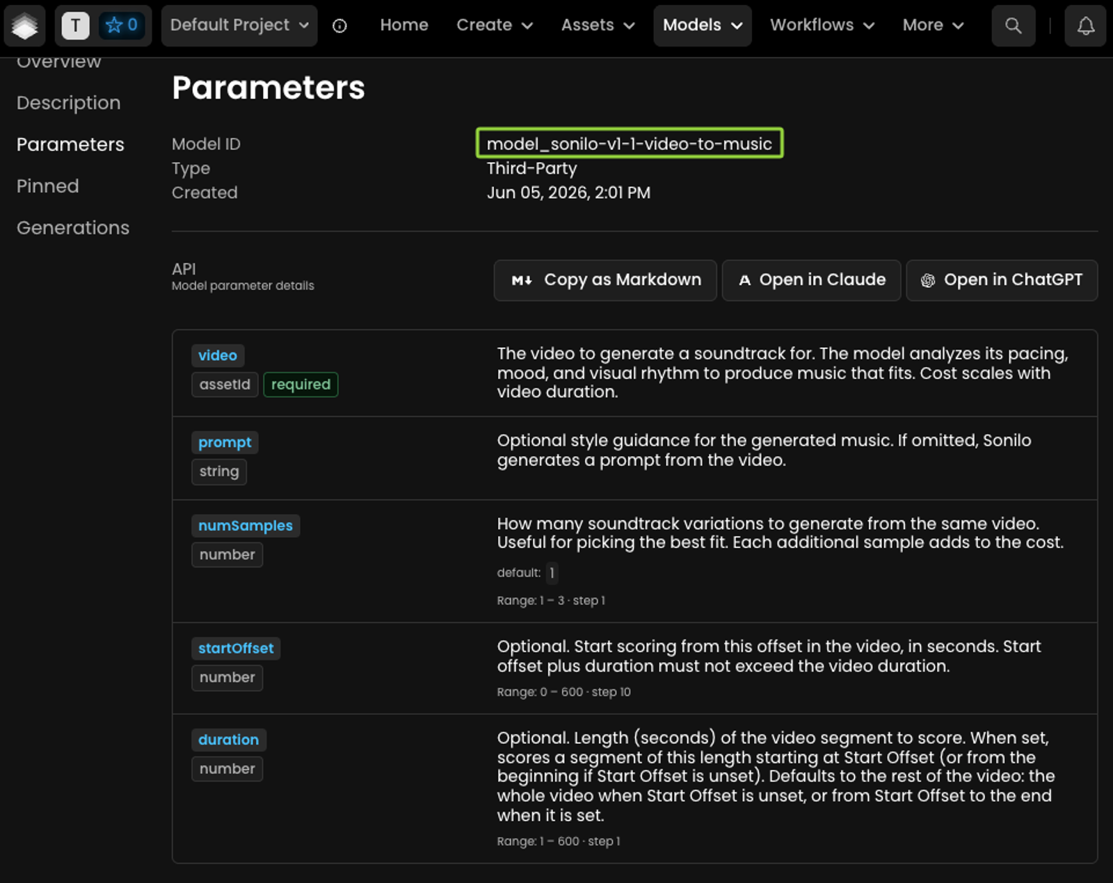 Sonilo is partnering with Scenario. Detailed parameters view of model_sonilo-v1-1-video-to-music in Scenario platform showing API settings for video-to-music generation.
