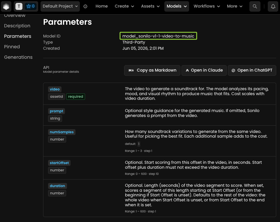 Sonilo is partnering with Scenario. Detailed parameters view of model_sonilo-v1-1-video-to-music in Scenario platform showing API settings for video-to-music generation.