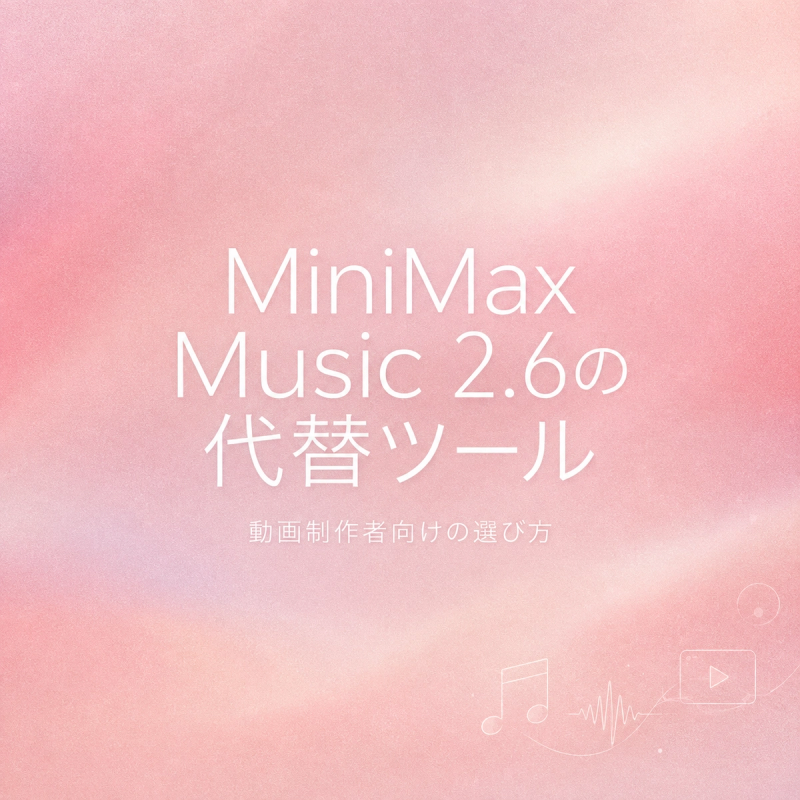 動画制作者向けに、話題のAI音楽生成AIであるMiniMax Music 2.6の代替ツールとその選び方を詳しく解説したアイキャッチ画像です。自身のプロジェクトに最適な音楽生成AIを見つけるためのヒントを提供します。