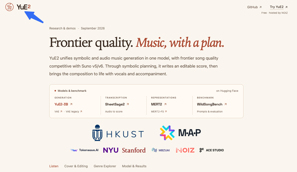 In-depth YuE2 review exploring the homepage features, music generation models, and university research partners.