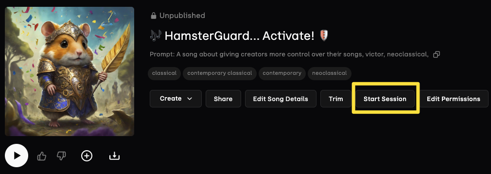 Highlighting the start session feature and generated song artwork in Suno AI as part of our detailed suno vs udio review.