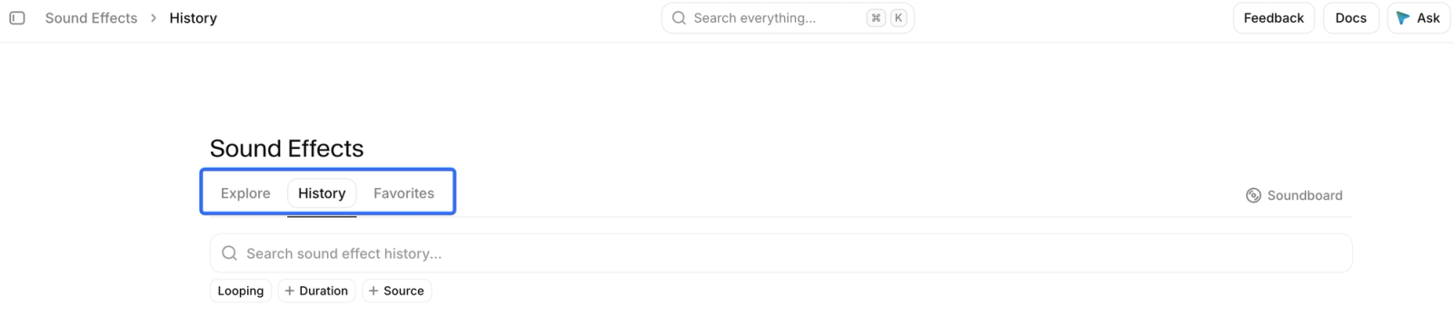 Viewing the generation history tab to manage and easily access all your previous elevenlabs ai sound effects.
