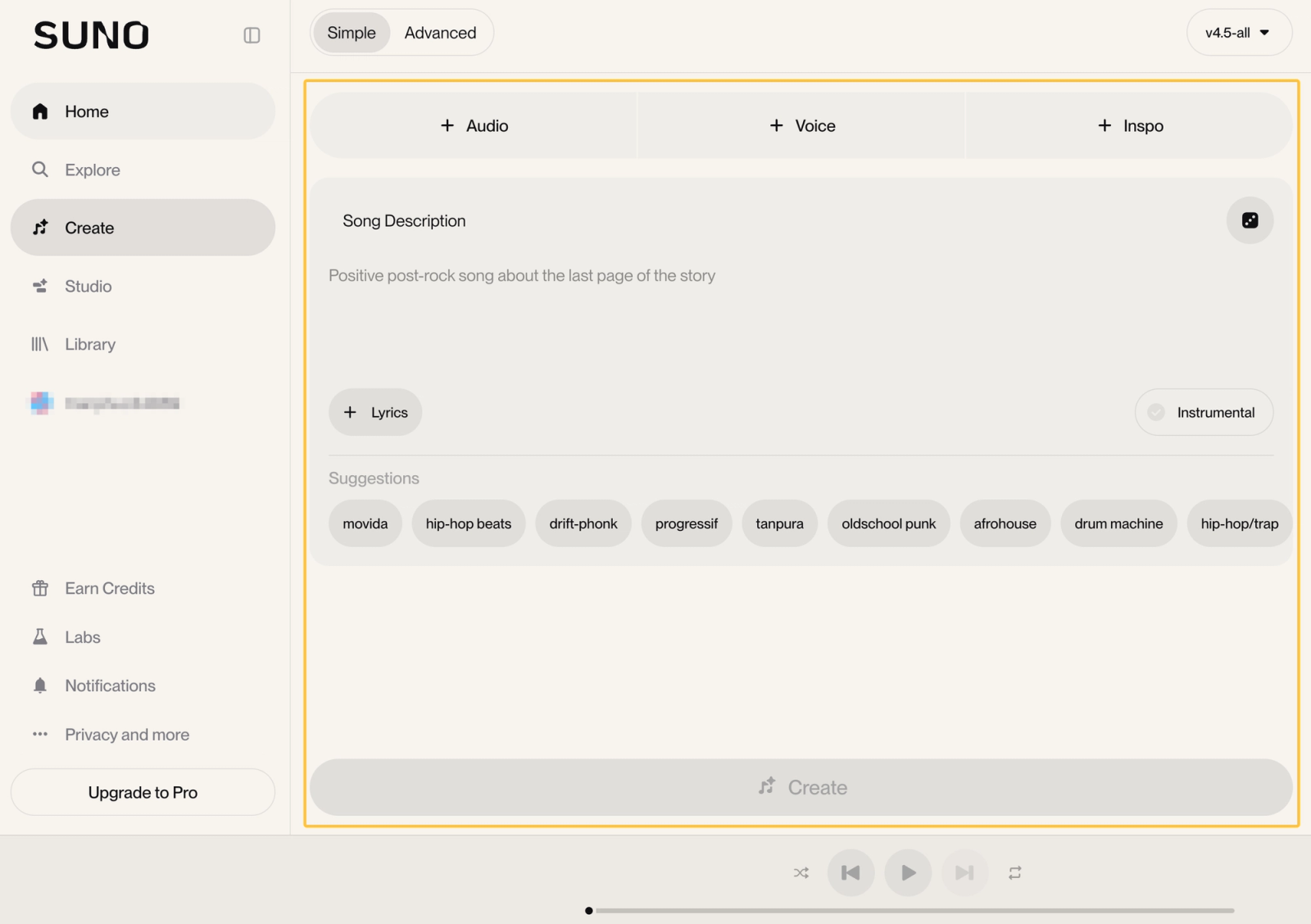 The advanced track creation menu in Suno AI featuring custom song descriptions, a key factor in the suno vs udio debate.