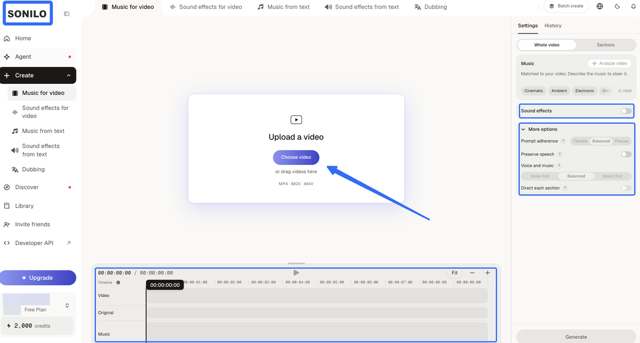 A blue arrow pointing to the "Choose video" upload area on the Sonilo dashboard to let AI add sound to your clips.
