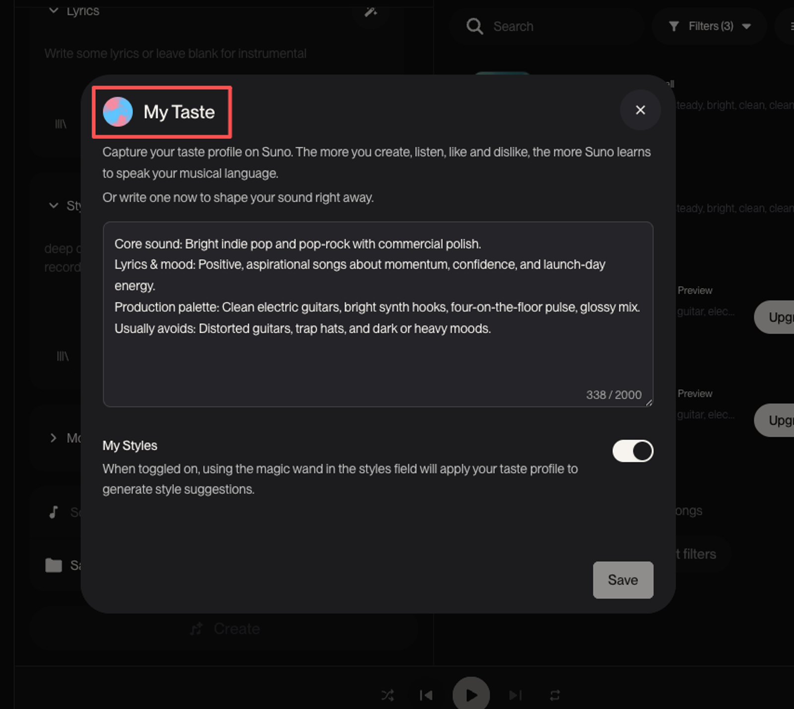 The My Taste profile settings panel helps suno v5.5 video creators define core sounds and production styles.