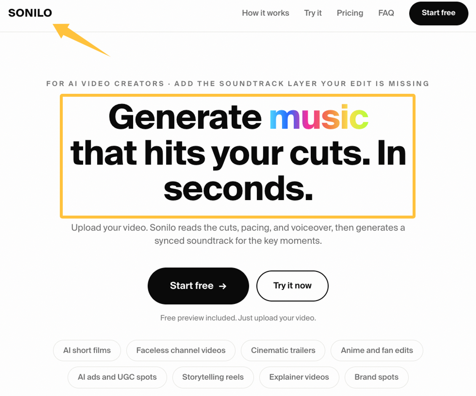 Homepage of Sonilo tool designed to generate the best ai generated music 2027 synced to video cuts.