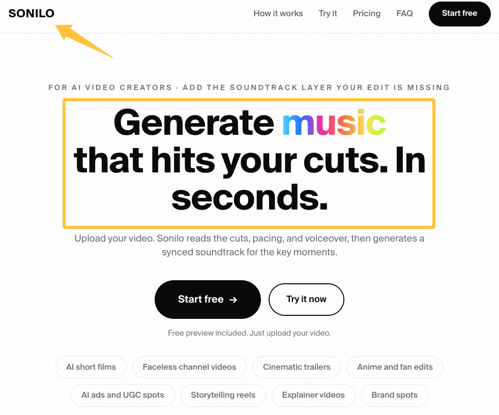 Homepage of Sonilo tool designed to generate the best ai generated music 2027 synced to video cuts.