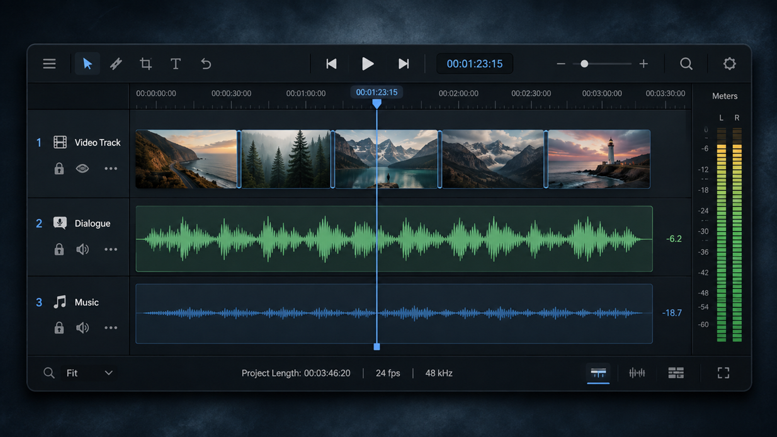 CapCut desktop interface displaying separated video, dialogue, and background music tracks with volume meters.