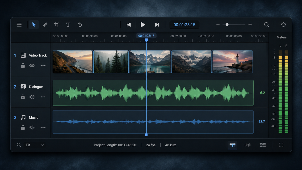 CapCut desktop interface displaying separated video, dialogue, and background music tracks with volume meters.