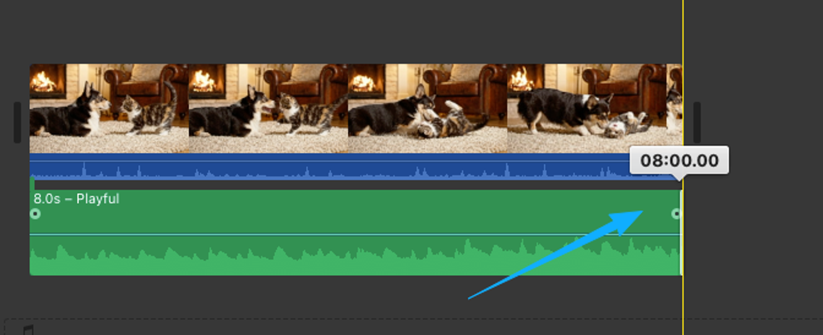 Trimming the audio clip on a timeline to show how to add background music to video.