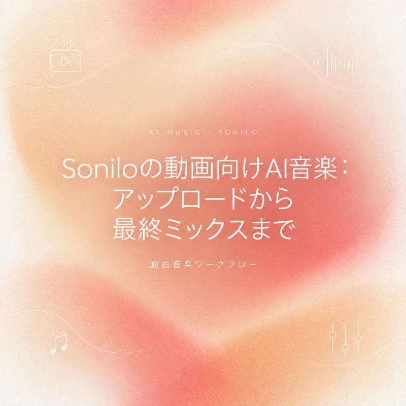 SoniloのAIツールを使用して動画に音楽を付けるための完全なワークフローを解説したタイトル画像です。動画のアップロードから最終的なオーディオミックスの完了まで、シームレスな音楽制作のプロセスを視覚的に表現しています。