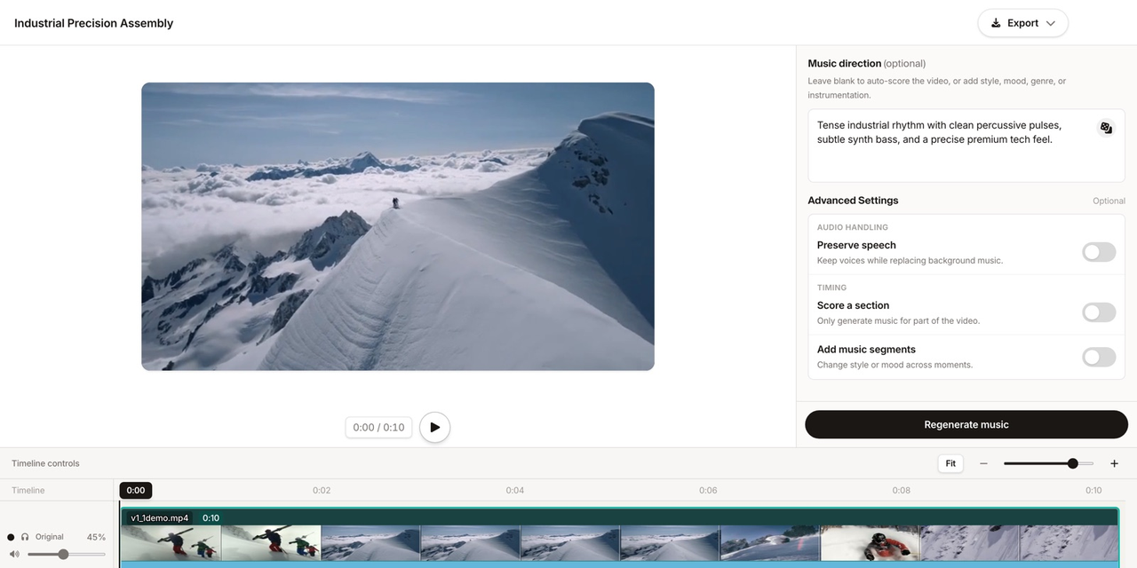 Interface of an AI lofi music generator platform, showing a video with snow mountains and a music generation text box.